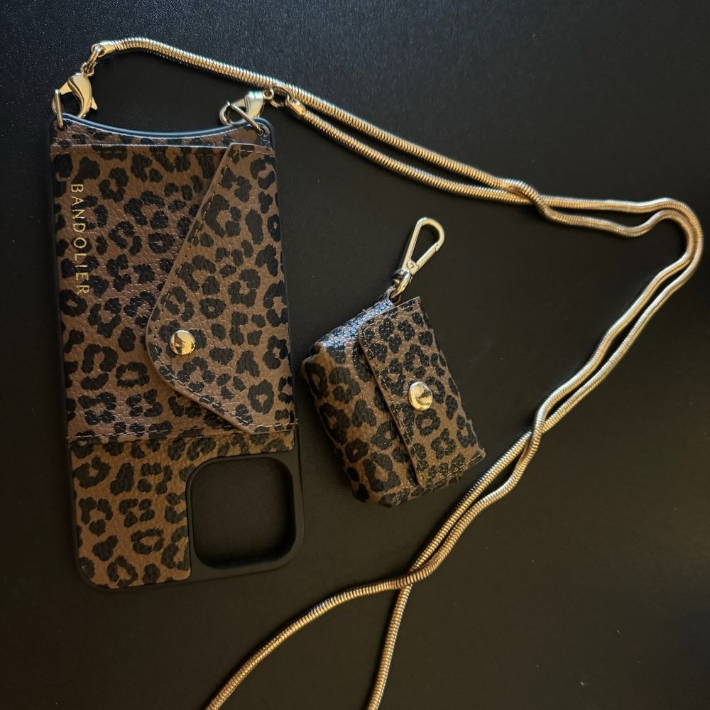 Bandolier elegant leopard crossbody phone case with Airpods case (iPhone 12)